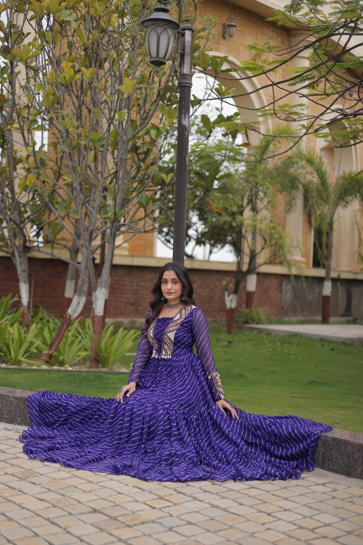 Designer Printed Anarkali Gown with Embroidered Yoke & Flared Skirt
