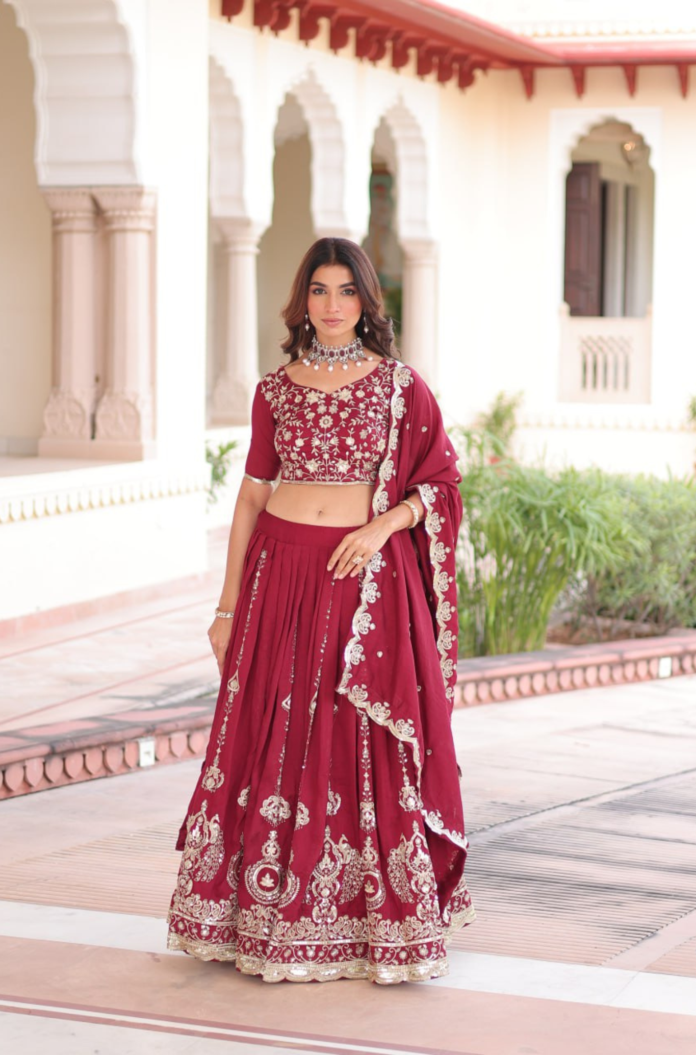 Traditional Maroon Bridal Embroidered Lehenga Choli Set for Women