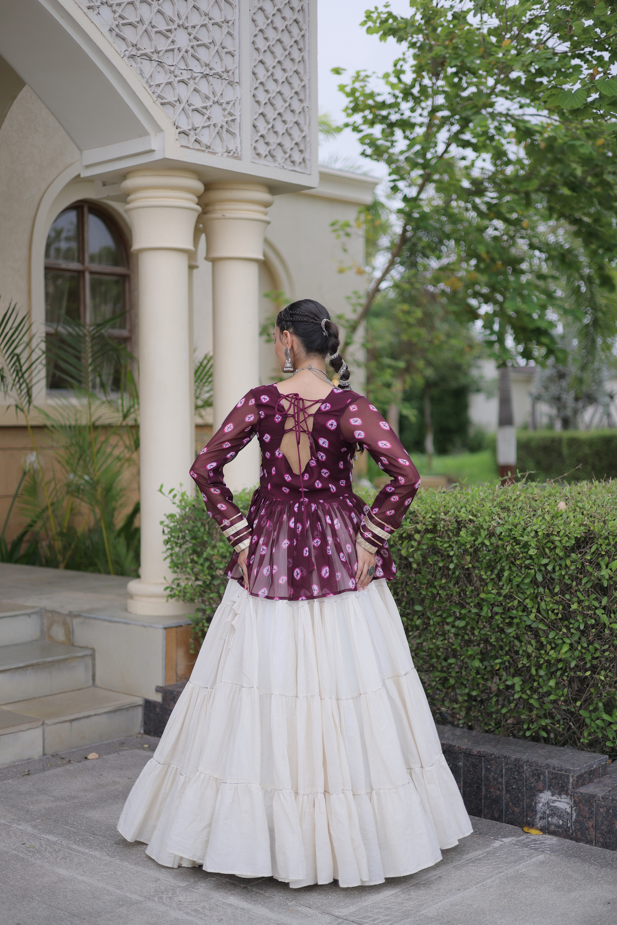 Women’s Designer Black Embroidered Peplum Top with White Flared Lehenga Skirt