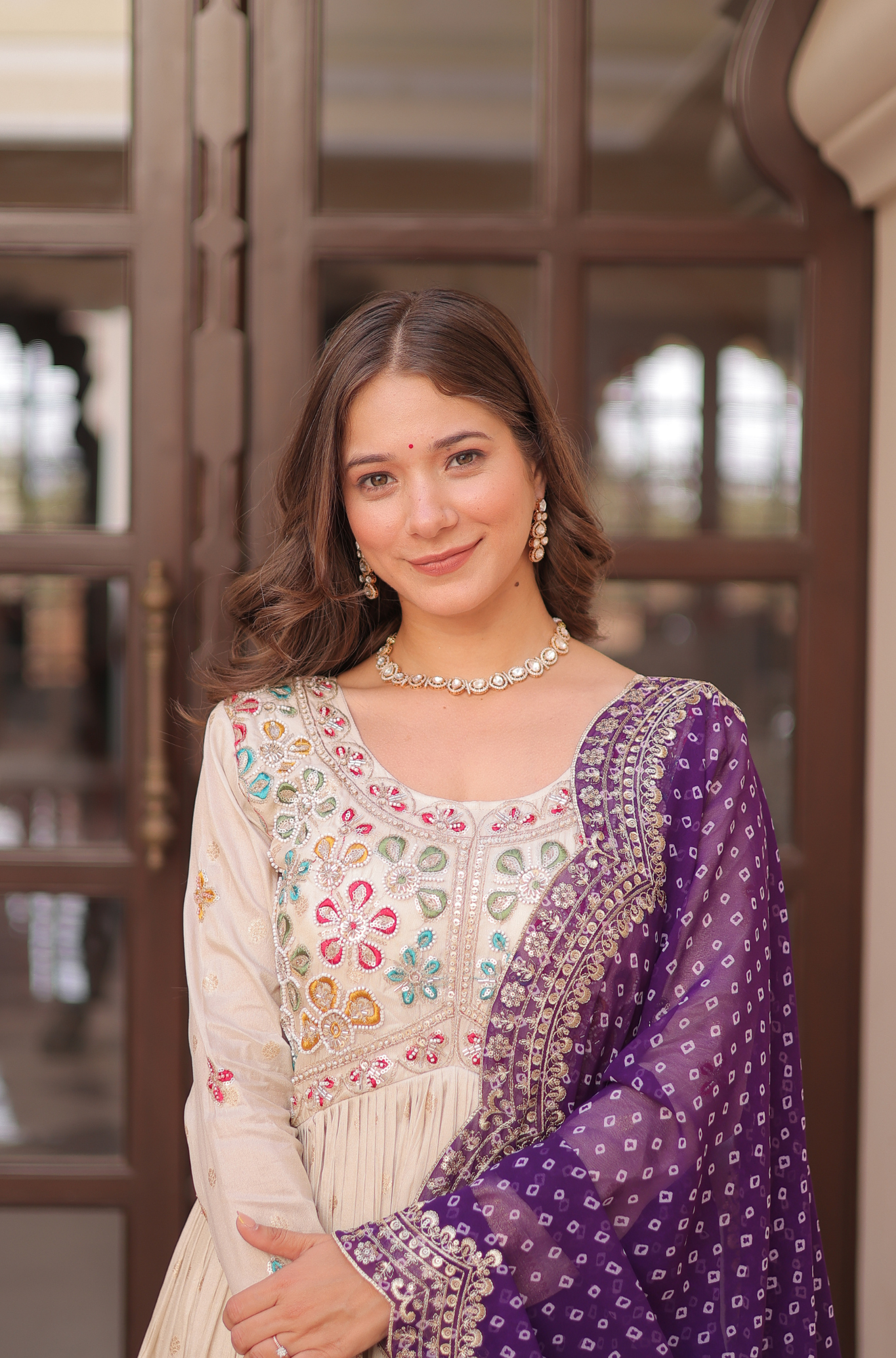 Women Mirror Embroidered Anarkali Gown with Bandhani Dupatta