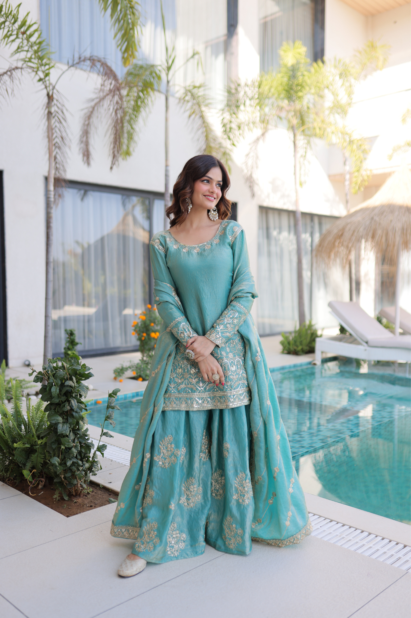 Women Embroidered Kurta Sharara Set with Dupatta