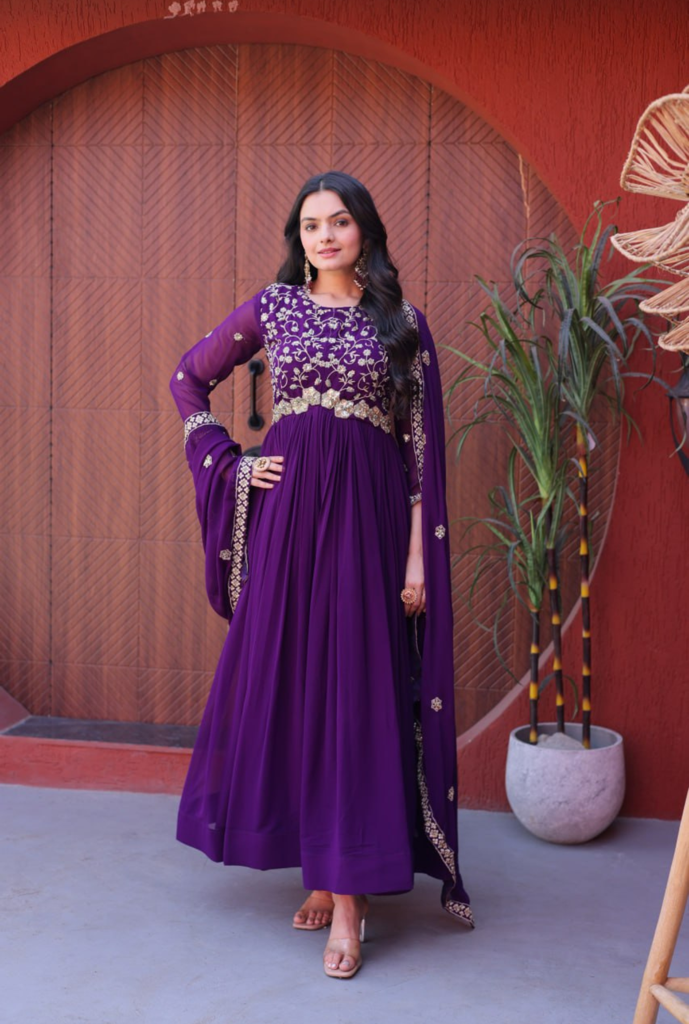 Women Embroidered Faux Blooming Anarkali Gown with Dupatta