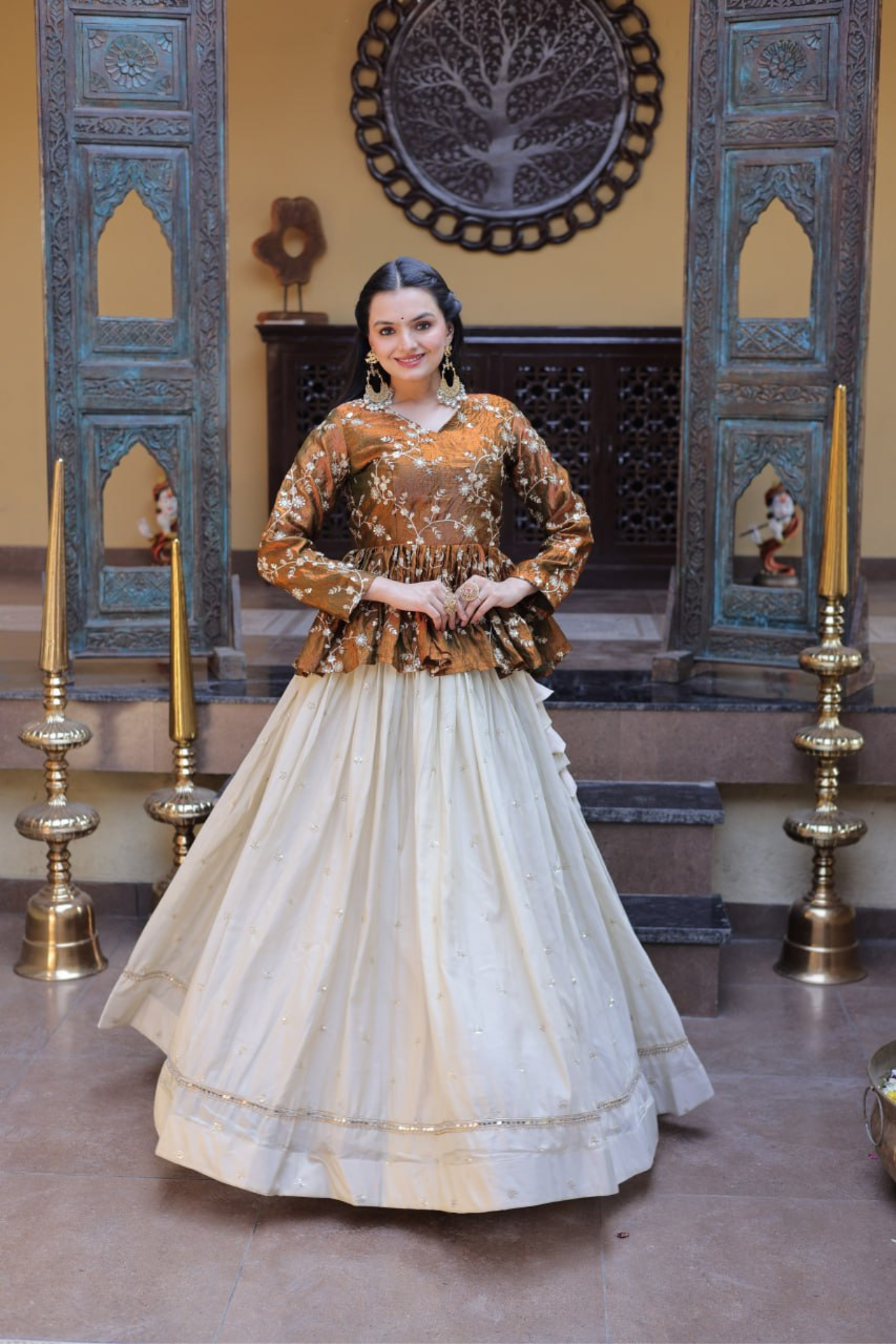 Women's Embroidered Peplum Top with Flared Skirt Set