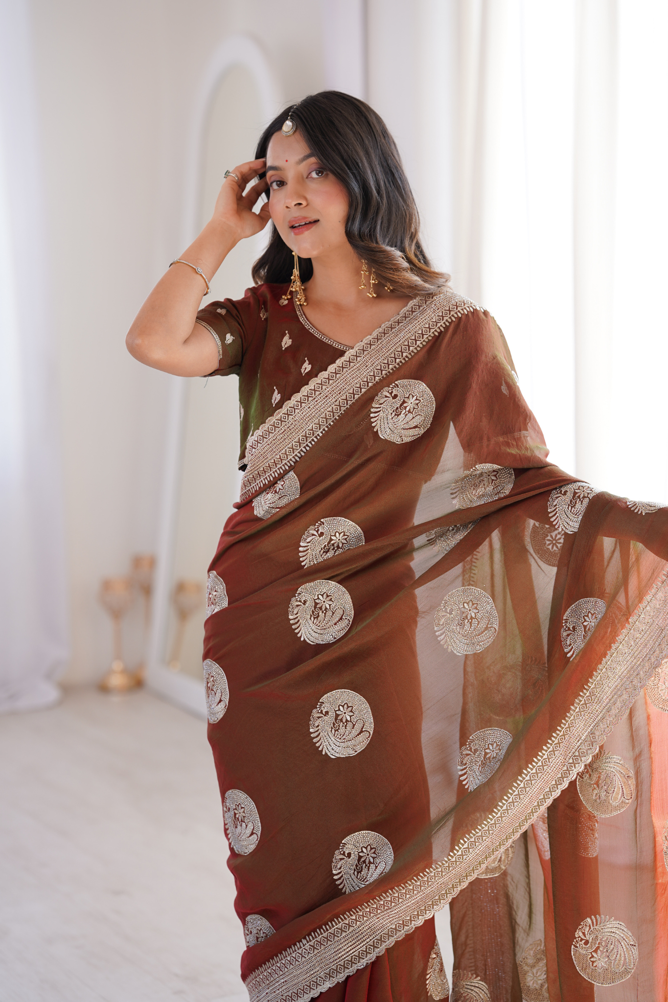 Women Organza Saree with Silver Zari Embroidery Border