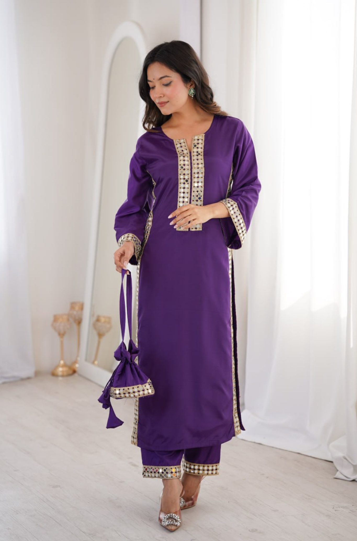 Women's Mirror Work Kurti Pant Set with Batwa Bag
