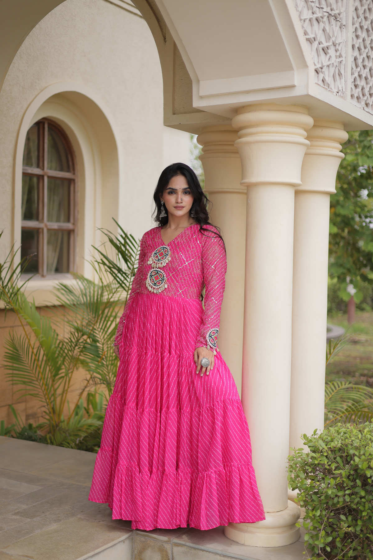 Navratri Special Bandhani Anarkali Gown with Mirror Work & Traditional Embroidered Yoke