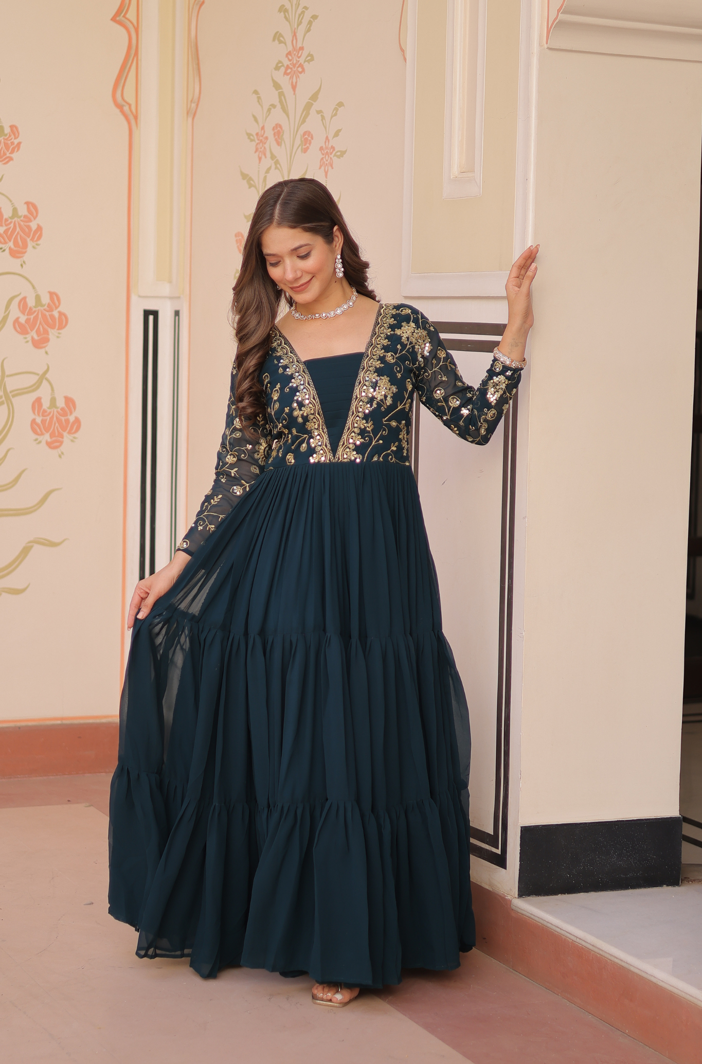 Women's Designer Embroidered Tiered Anarkali Gown