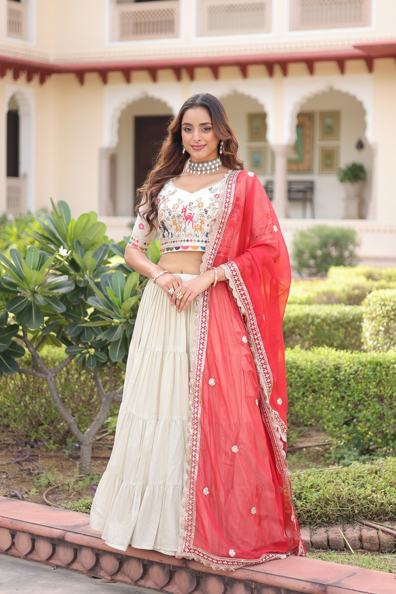 Women's Ivory Embroidered Lehenga Choli with Dupatta Lehenga Set