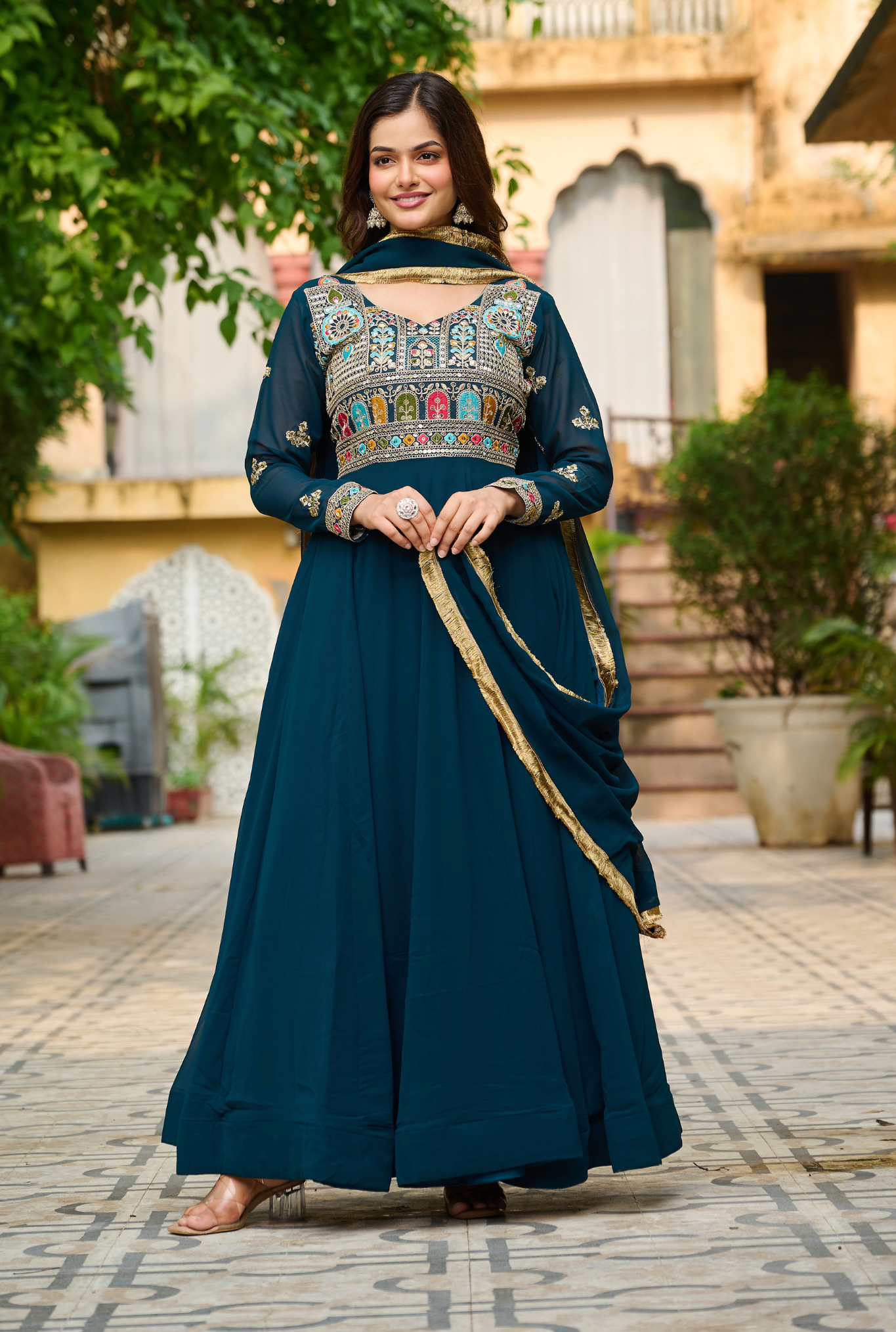 Women's Designer Embroidered Anarkali Gown Set with Dupatta