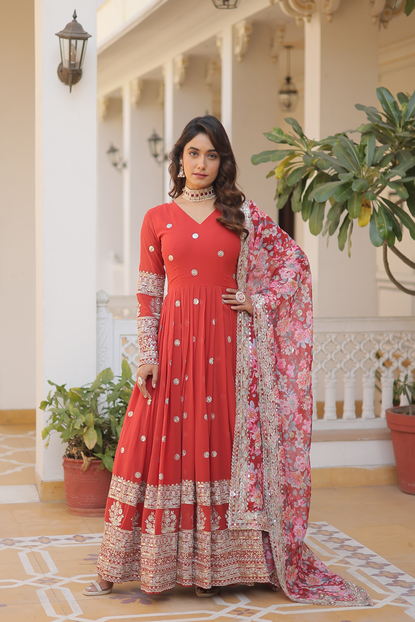 Women's Designer Sequins Embroidered Anarkali Gown with Floral Printed Dupatta