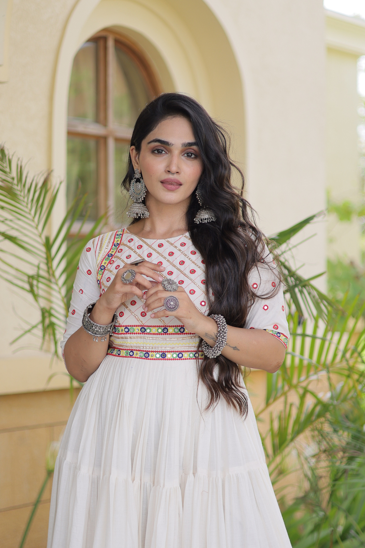 Women’s Designer Anarkali Gown with Embroidered Bodice & Flared Tiered Design | Festive Ethnic Wear