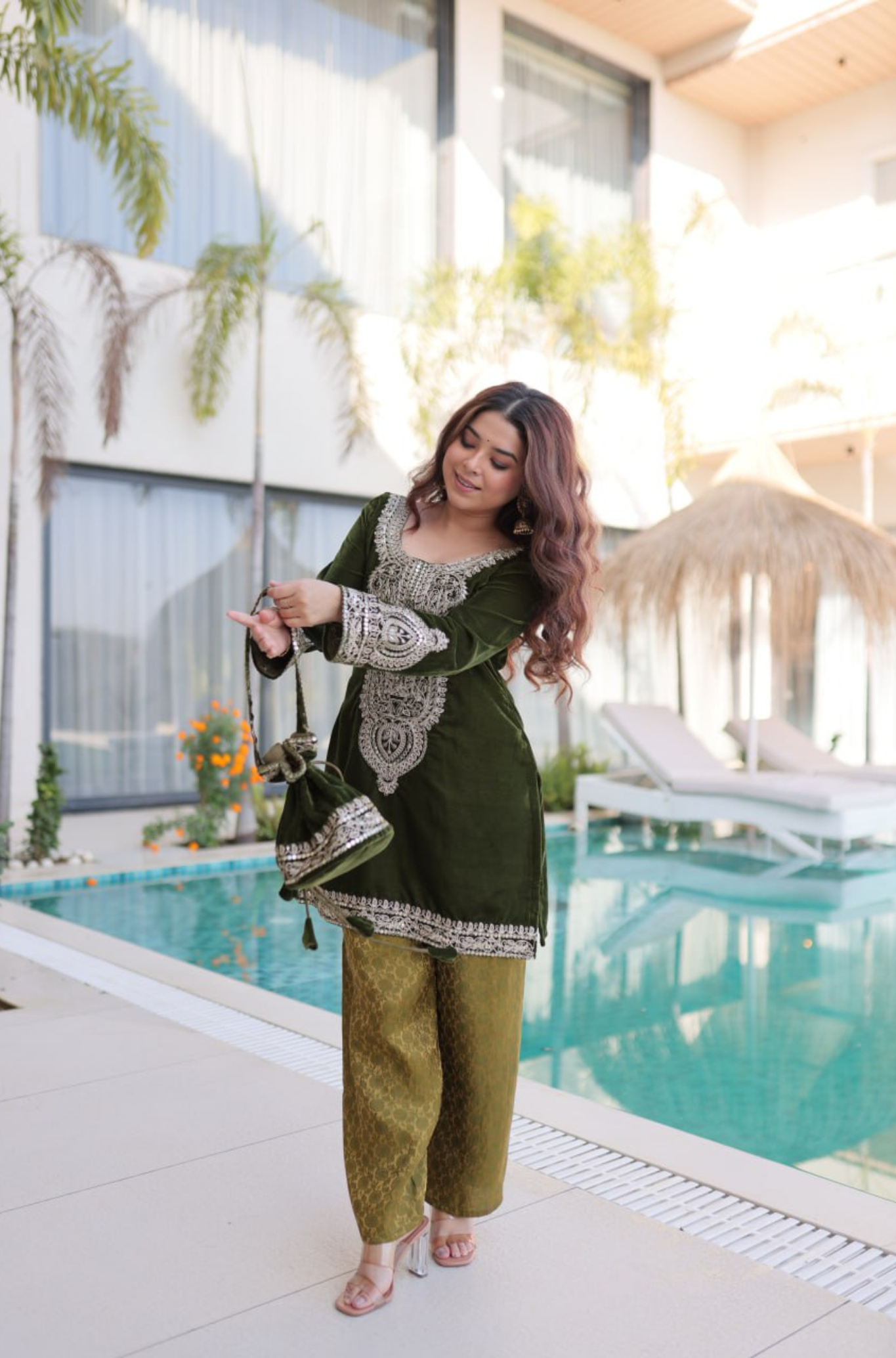 Designer Velvet Kurti Palazzo Set with Potli Bag for Women
