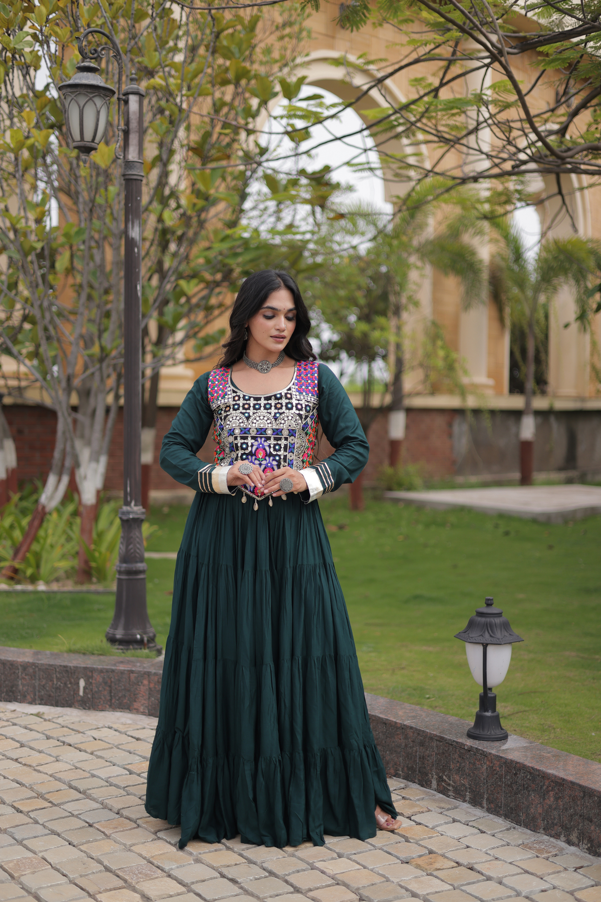 Designer Embroidered Koti Gown with Mirror Work & Flared Skirt