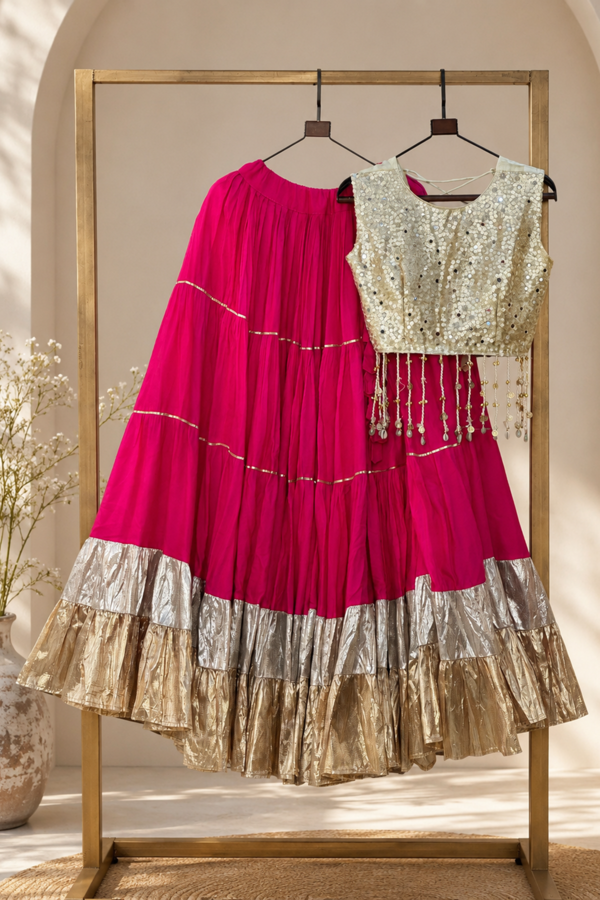 Women’s Burgundy Ethnic Lehenga Choli Set with Gold Sequin Blouse