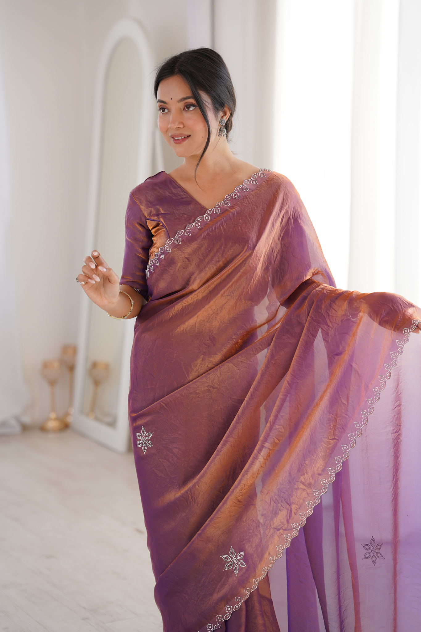 Women Tissue Silk Saree with Silver Border Embroidery