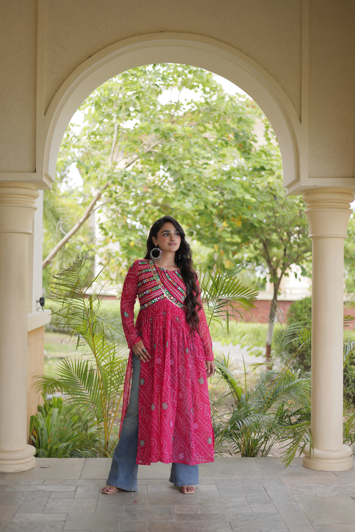 Women’s Long Anarkali Kurti with Ethnic Print & Embroidery