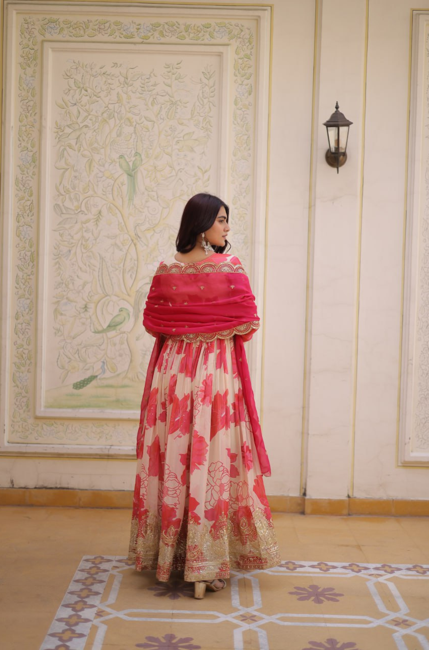Luxury Floral Printed Anarkali Gown for Women with Embroidered Dupatta