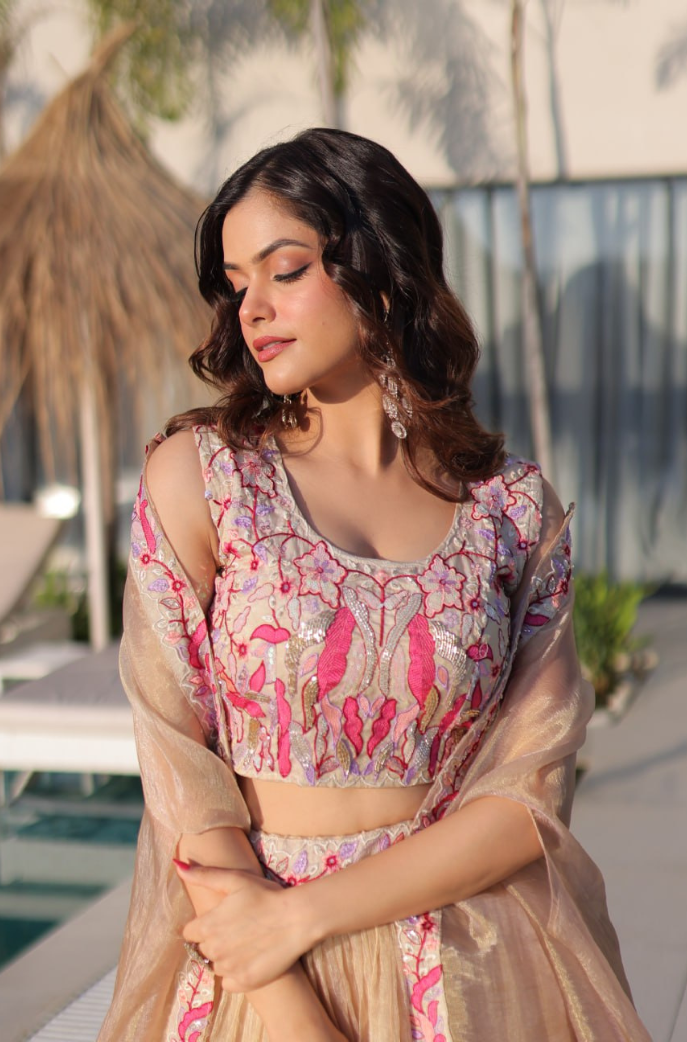 Women Beige Organza Lehenga Choli with Cape Dupatta & Pink Embroidery