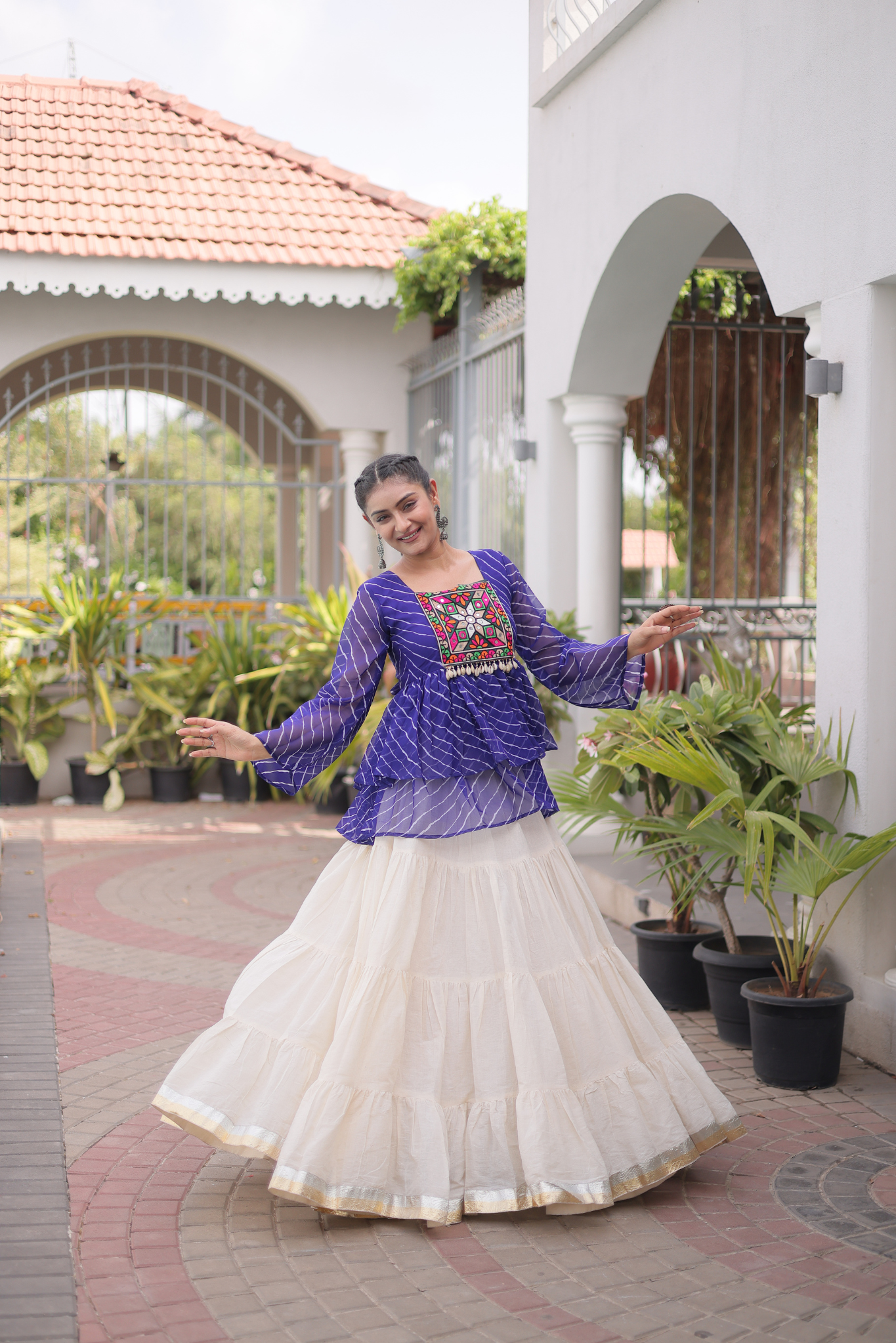 Women's Designer Kutchi Gamthi Peplum Top with Tiered Lehenga Skirt Set