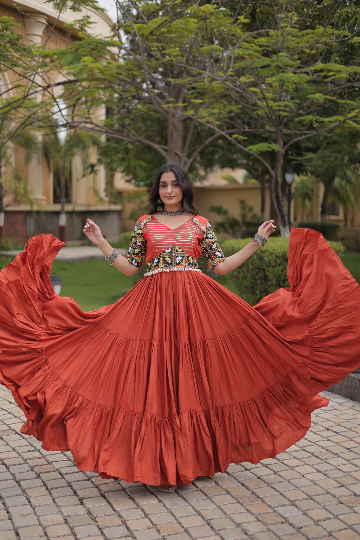 Designer Anarkali Gown with Kutchi Embroidered Yoke & Flared Skirt