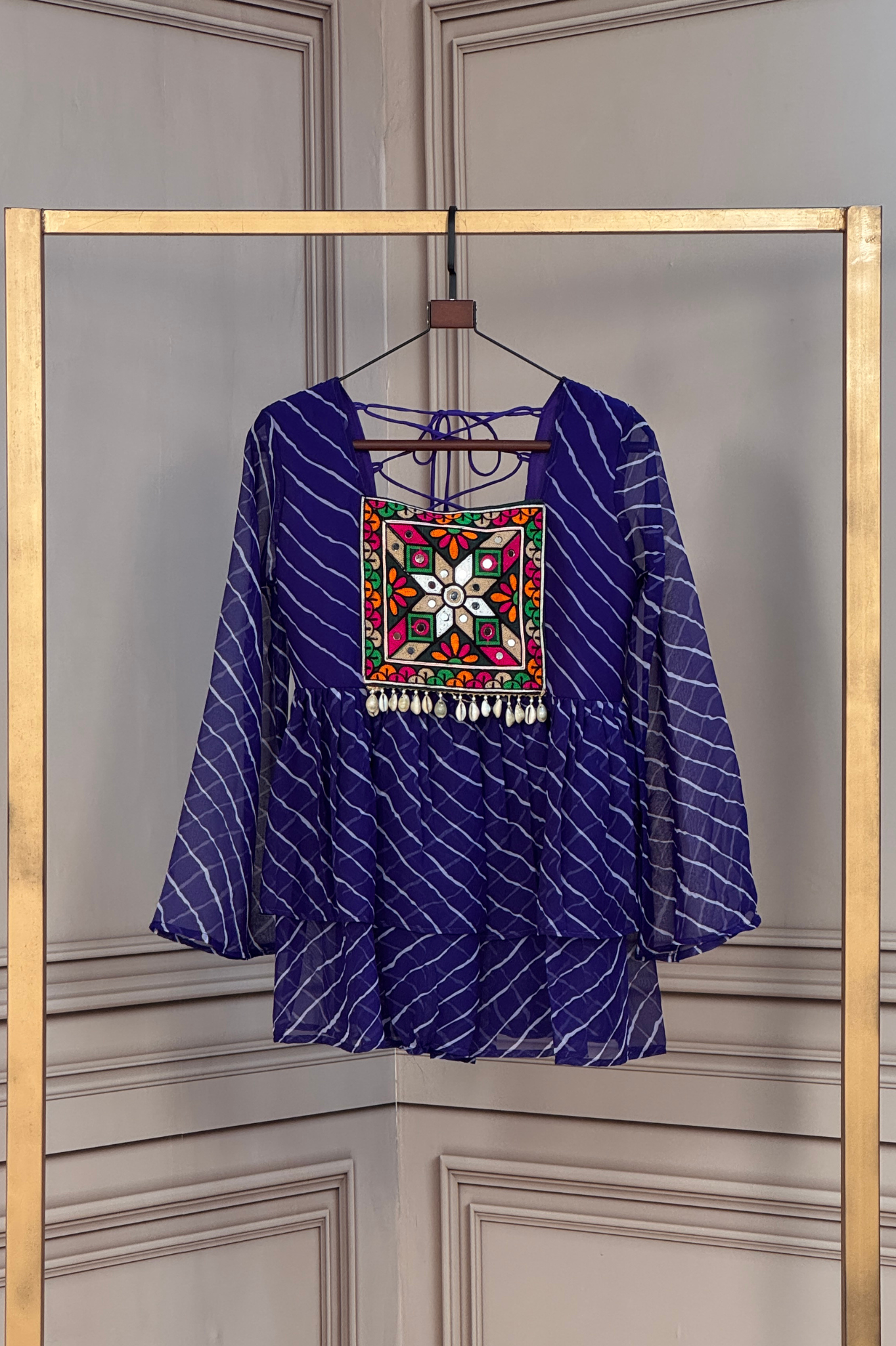 Women's Leheriya Peplum Top with Handcrafted Mirror Work
