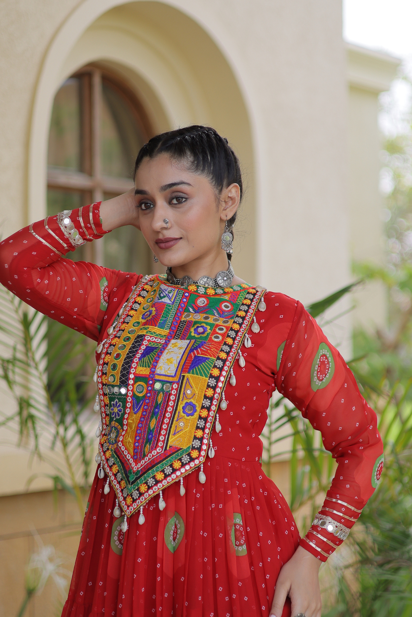 Women's Designer Kutchi Gamthi Embroidered Tiered Anarkali Gown with Mirror Work