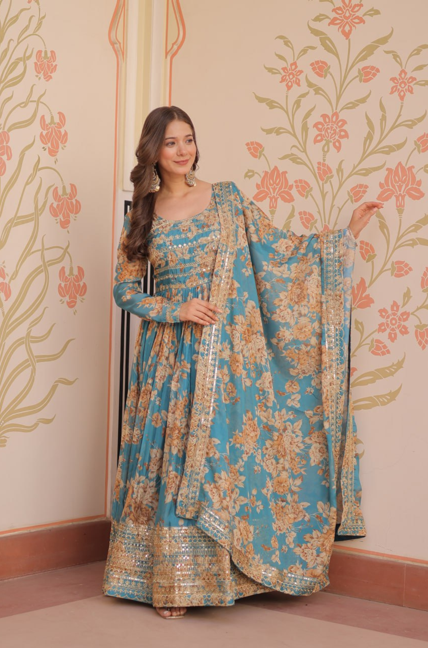 Women's Designer Floral Anarkali Gown Dupatta Set