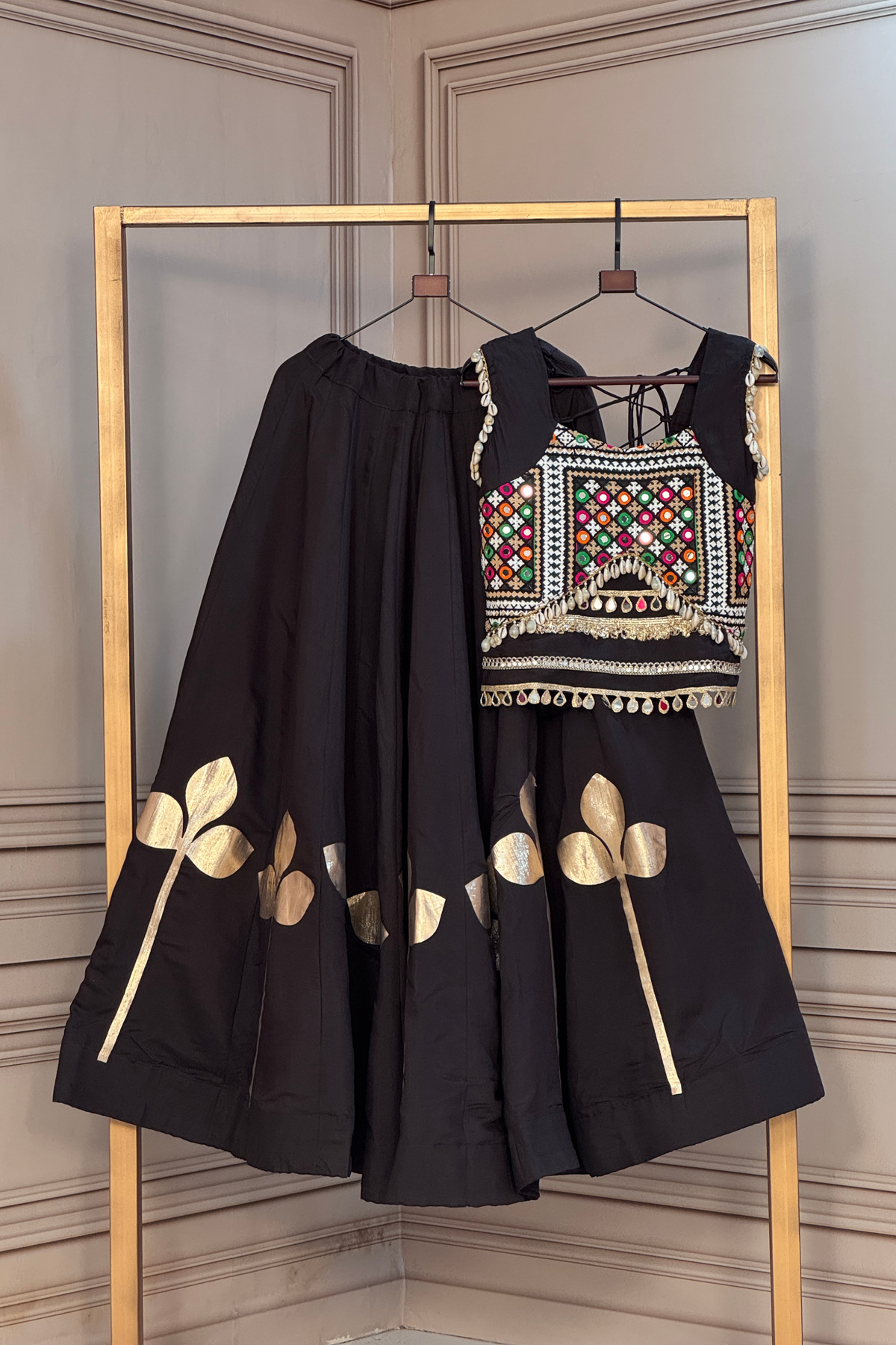 Designer Foil Printed Lehenga Choli with Mirror Work & Flared Skirt