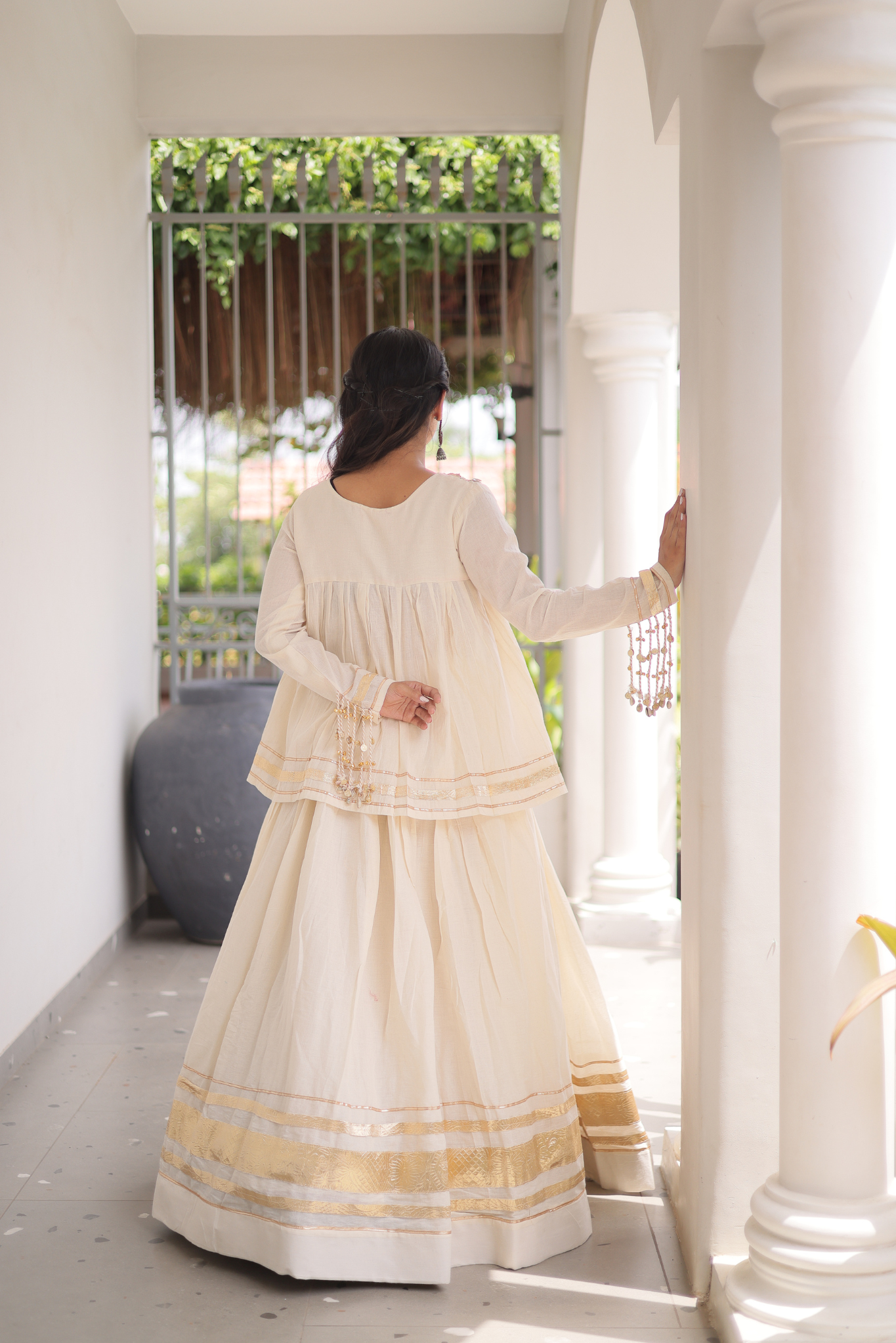 Women's Designer Ethnic Co-Ord Set with Mirror Work Peplum Top & Long Flared Skirt