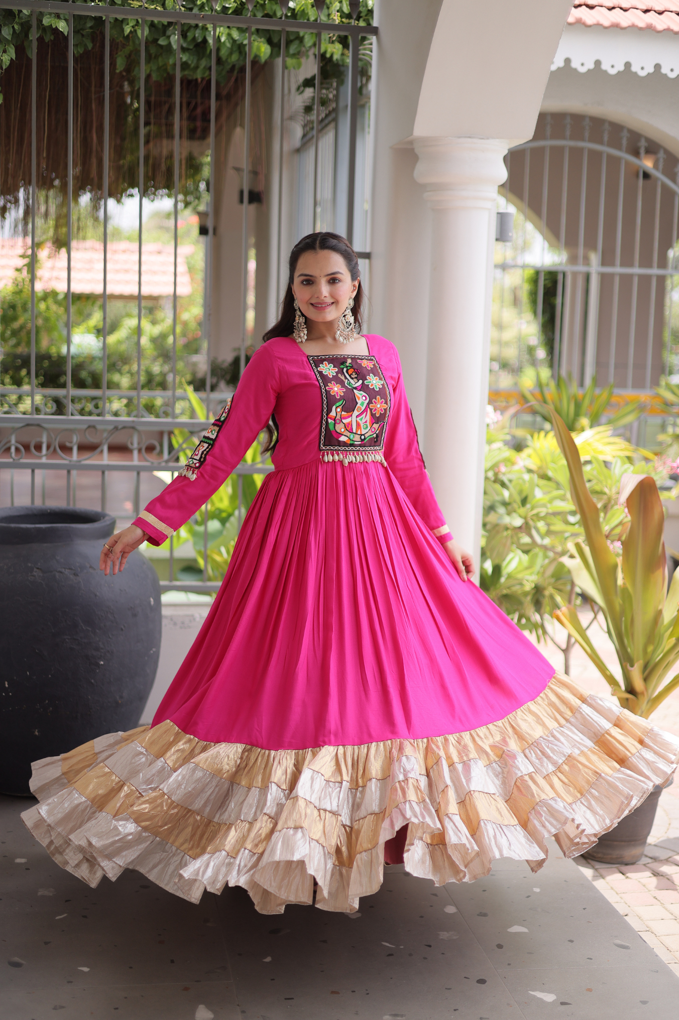 Women's Handcrafted Mirror Work Tiered Anarkali Gown