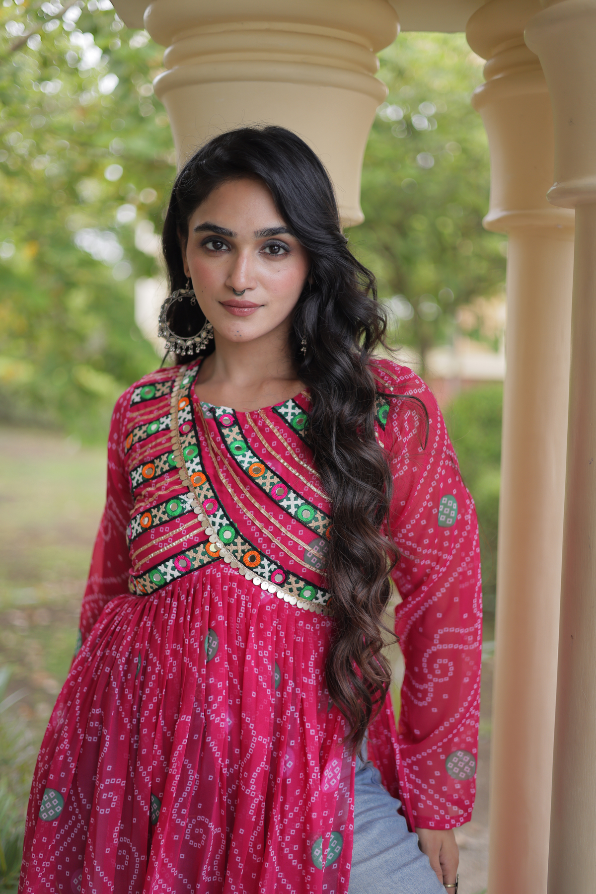 Women’s Long Anarkali Kurti with Ethnic Print & Embroidery