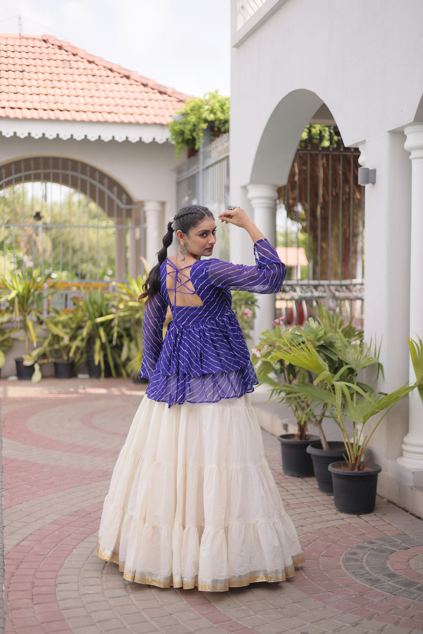 Women's Designer Kutchi Gamthi Peplum Top with Tiered Lehenga Skirt Set