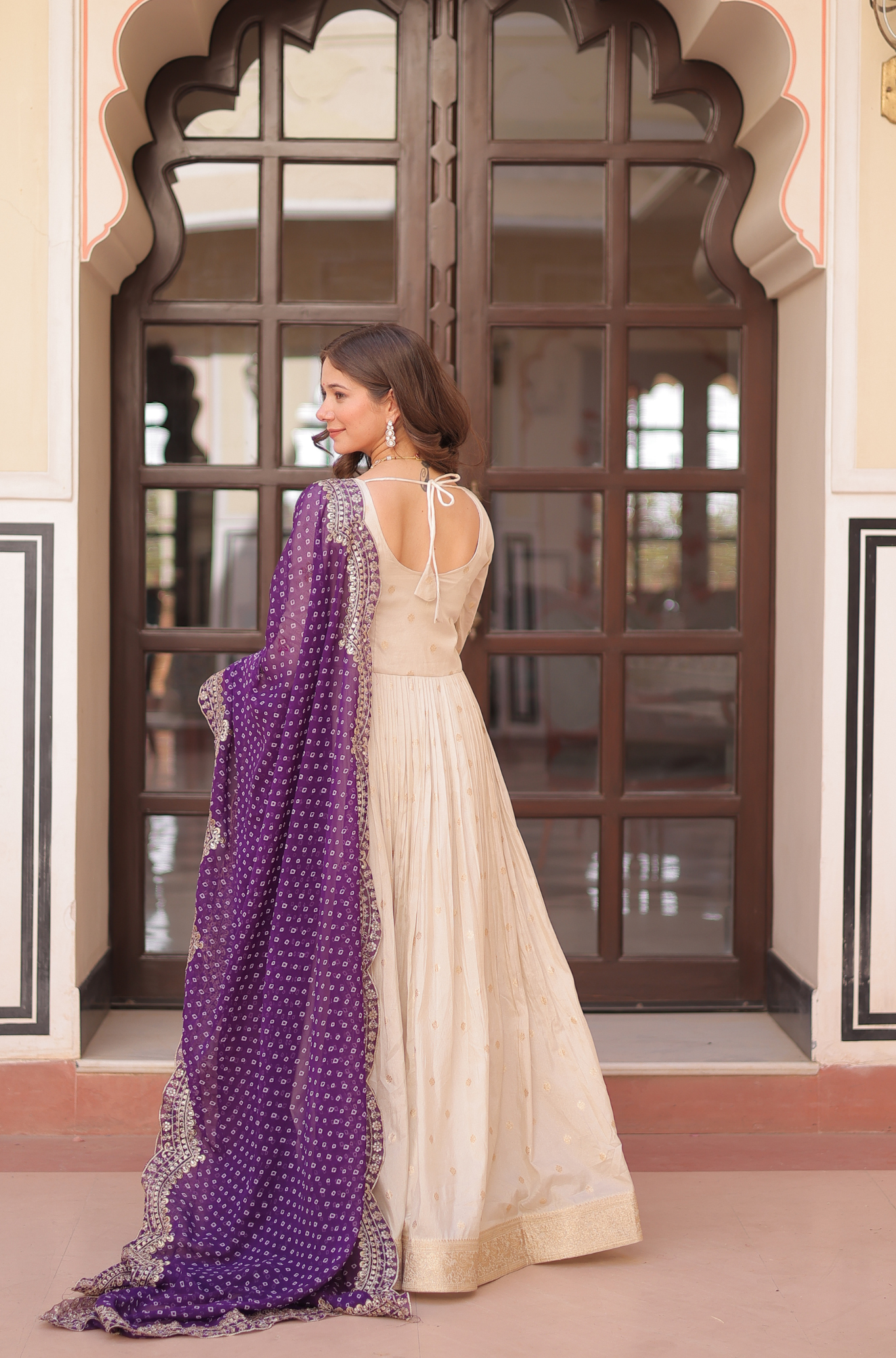 Women Mirror Embroidered Anarkali Gown with Bandhani Dupatta