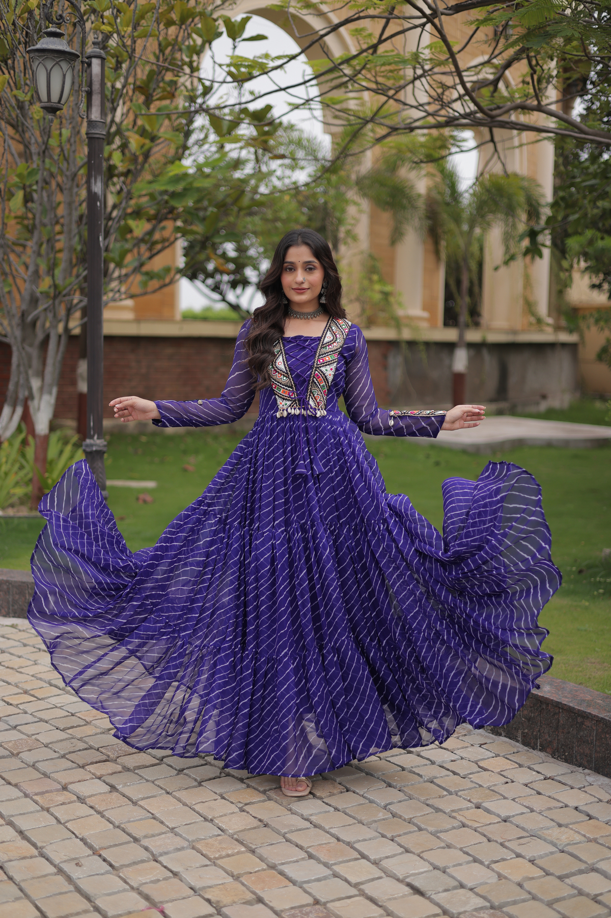 Designer Printed Anarkali Gown with Embroidered Yoke & Flared Skirt