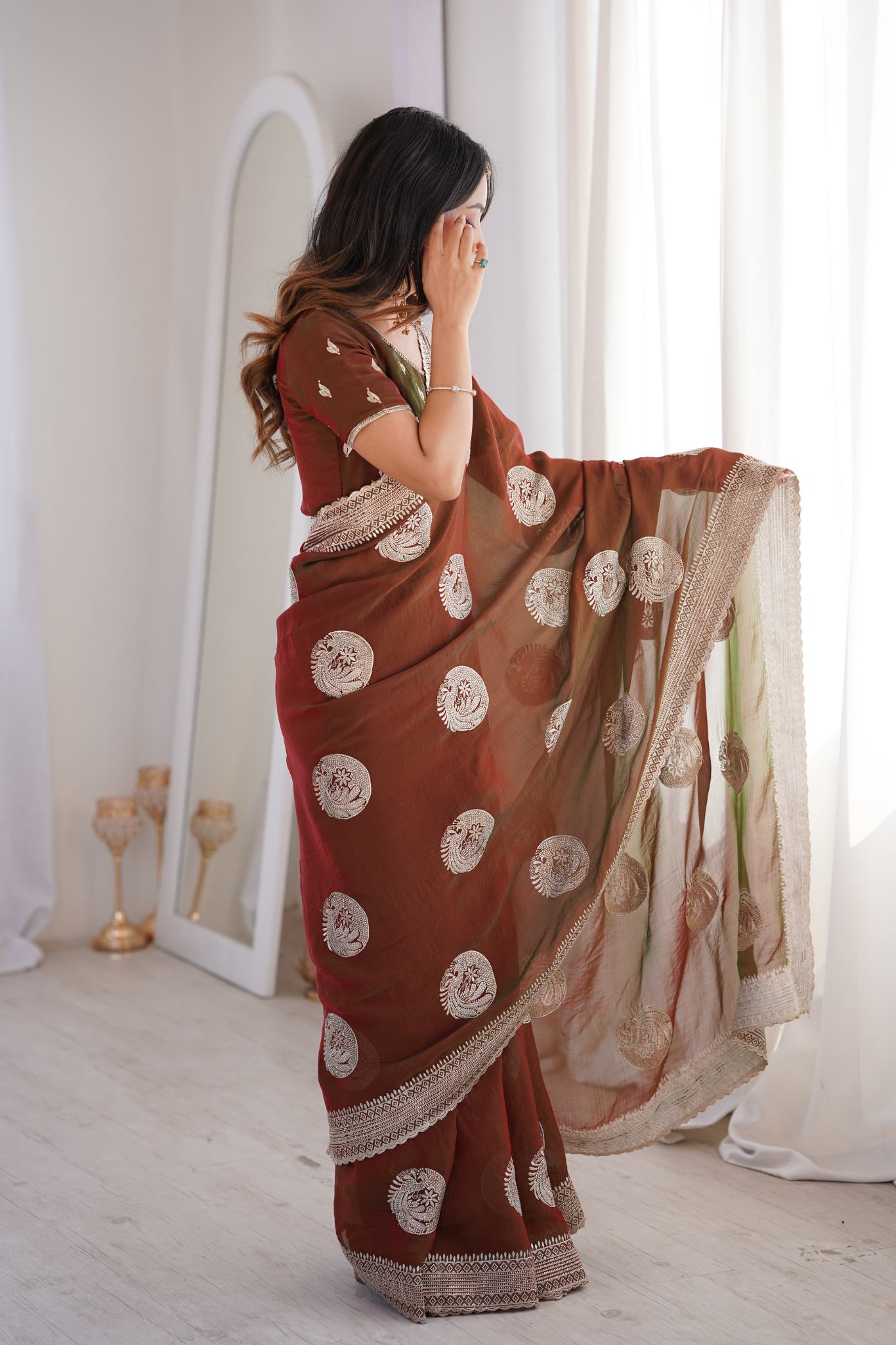 Women Organza Saree with Silver Zari Embroidery Border