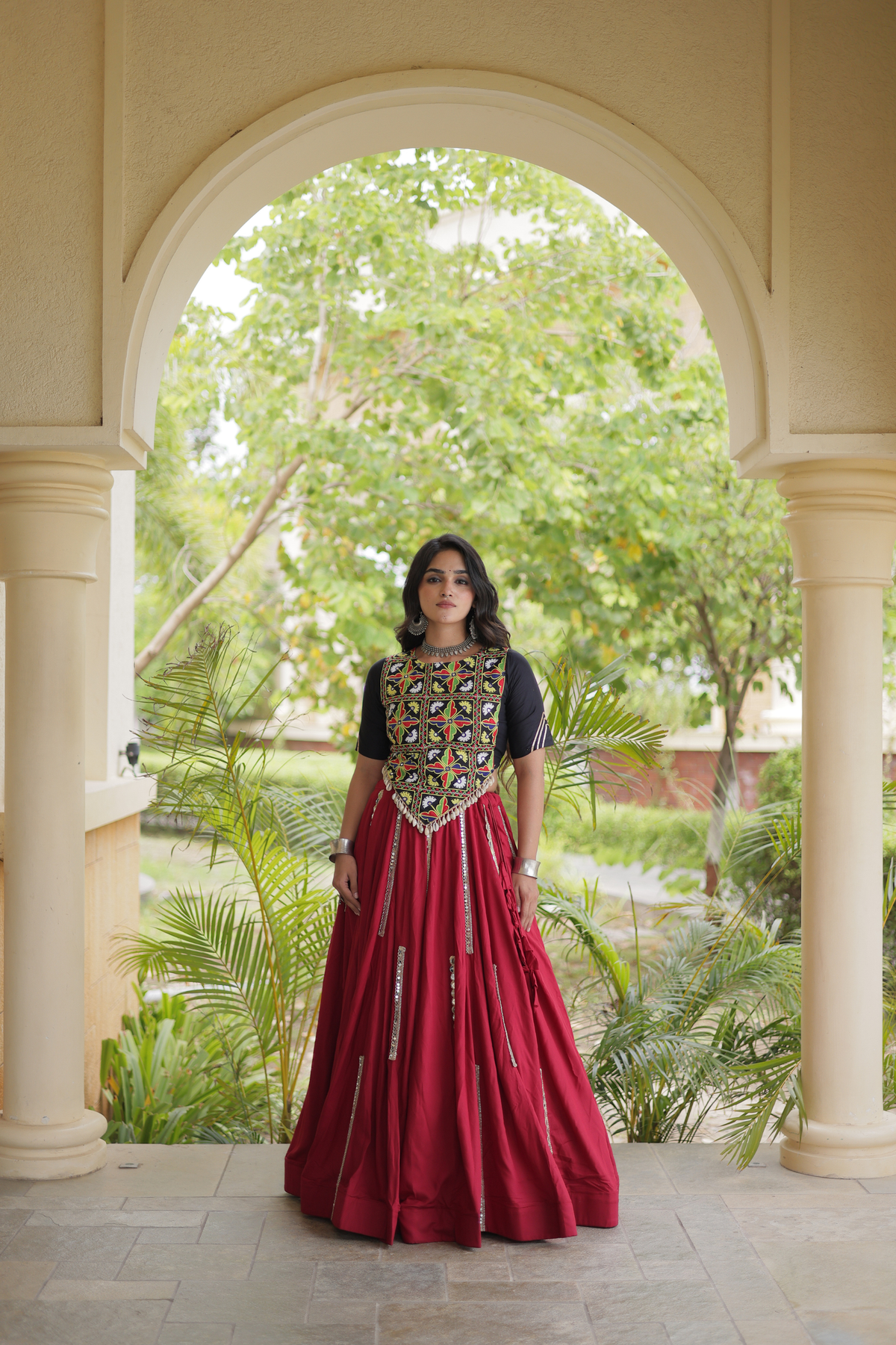 Designer Navratri Chaniya Choli with Embroidered Yoke & Mirror Work