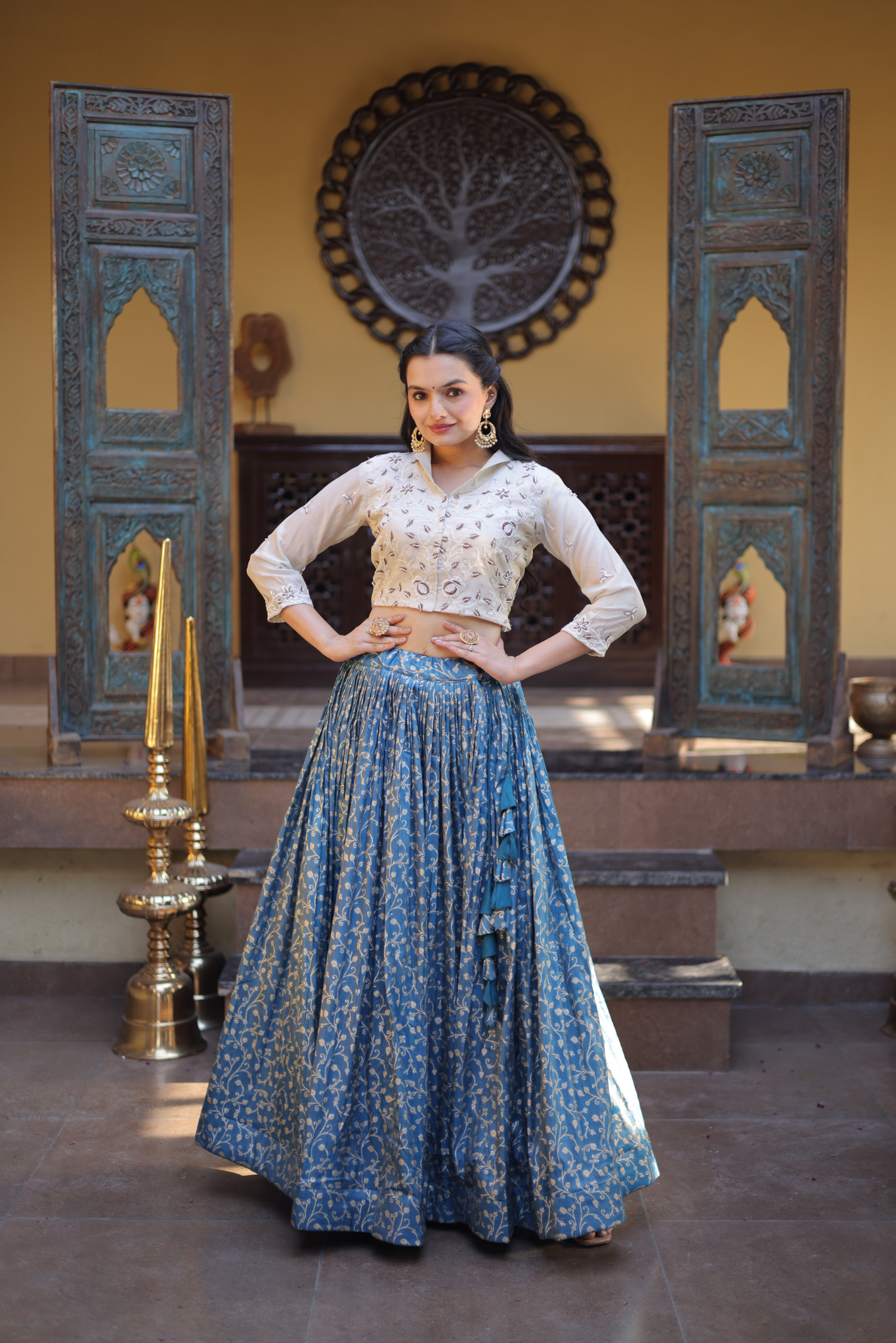 Women's Designer Embroidered Crop Top with Printed Flared Lehenga Set for Wedding & Festive Wear
