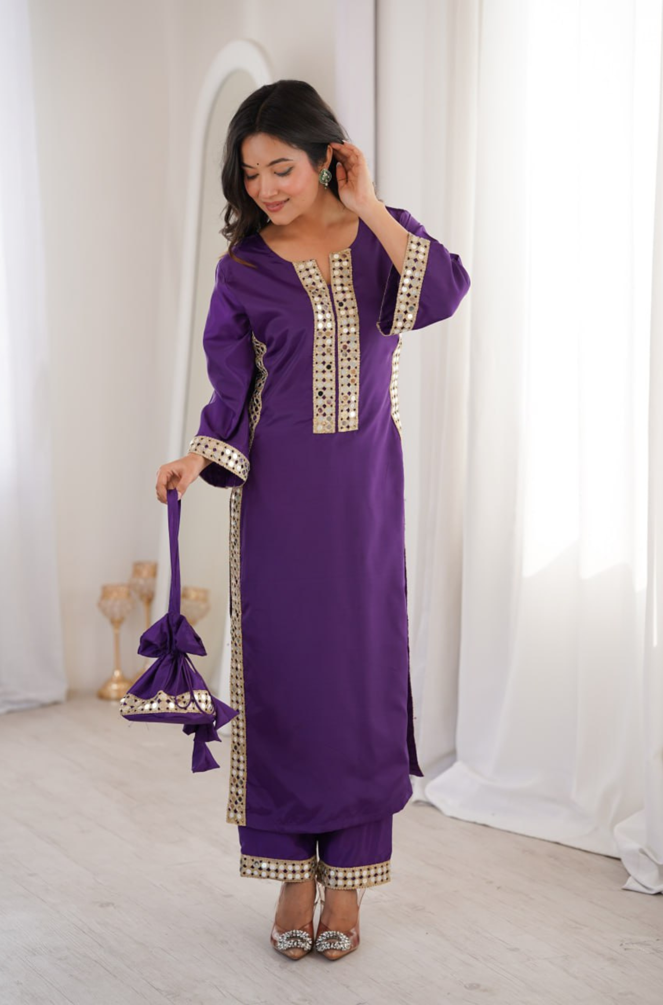 Women's Mirror Work Kurti Pant Set with Batwa Bag