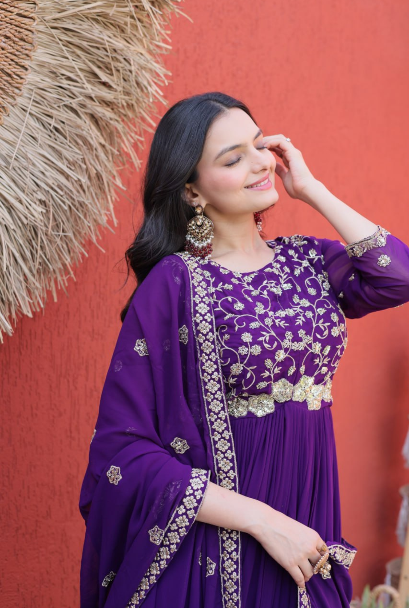 Women Embroidered Faux Blooming Anarkali Gown with Dupatta