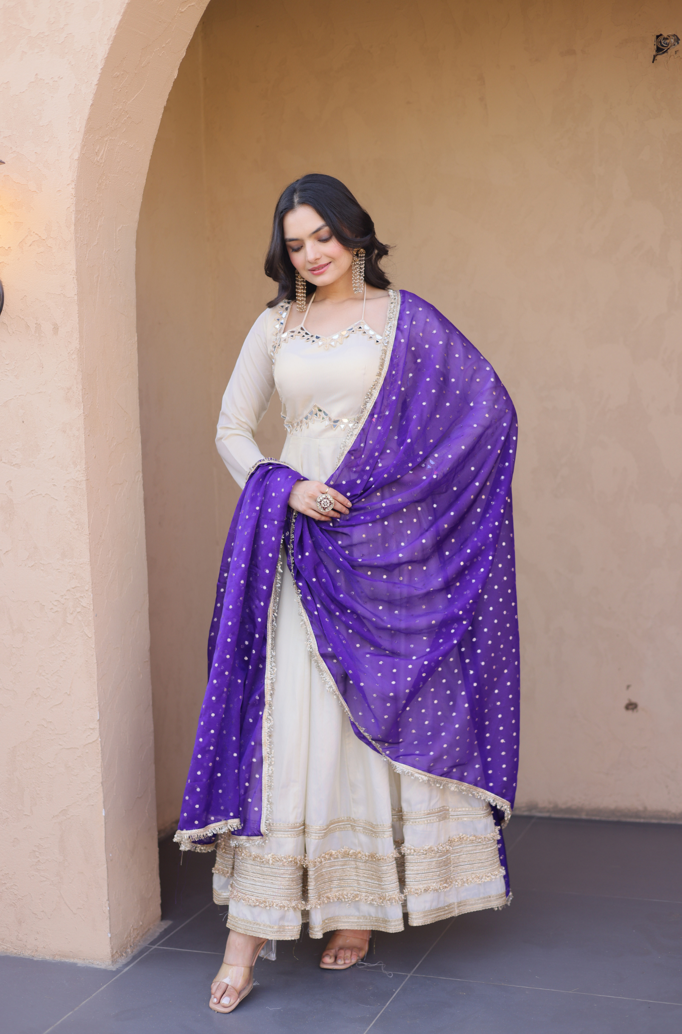 Women Mirror Work Anarkali Gown with Contrast Dupatta