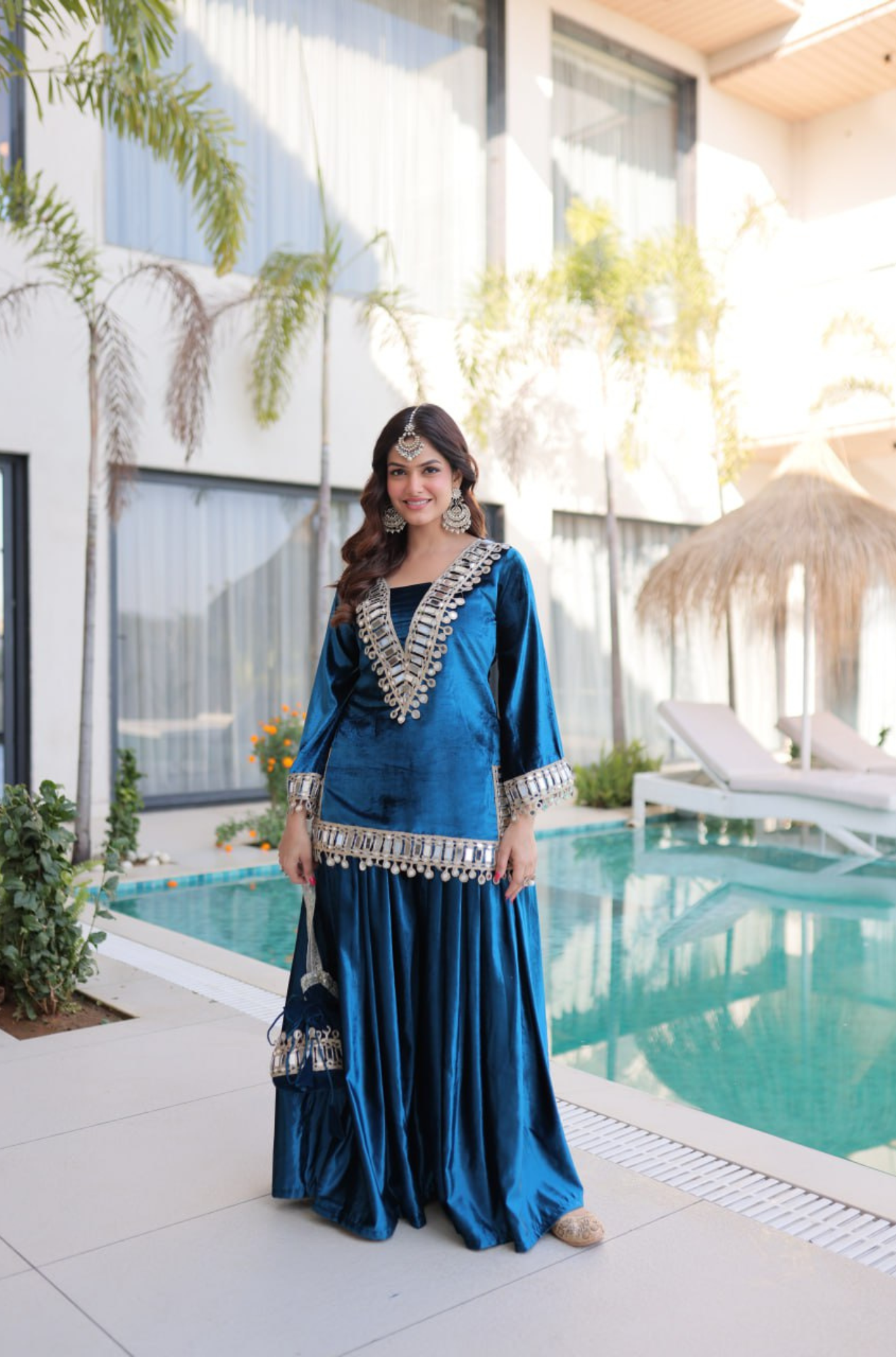 Velvet Mirror Work Kurti Palazzo Set with Batwa