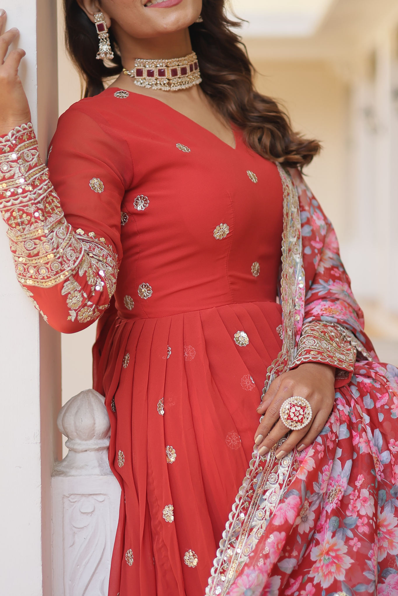 Women's Designer Sequins Embroidered Anarkali Gown with Floral Printed Dupatta