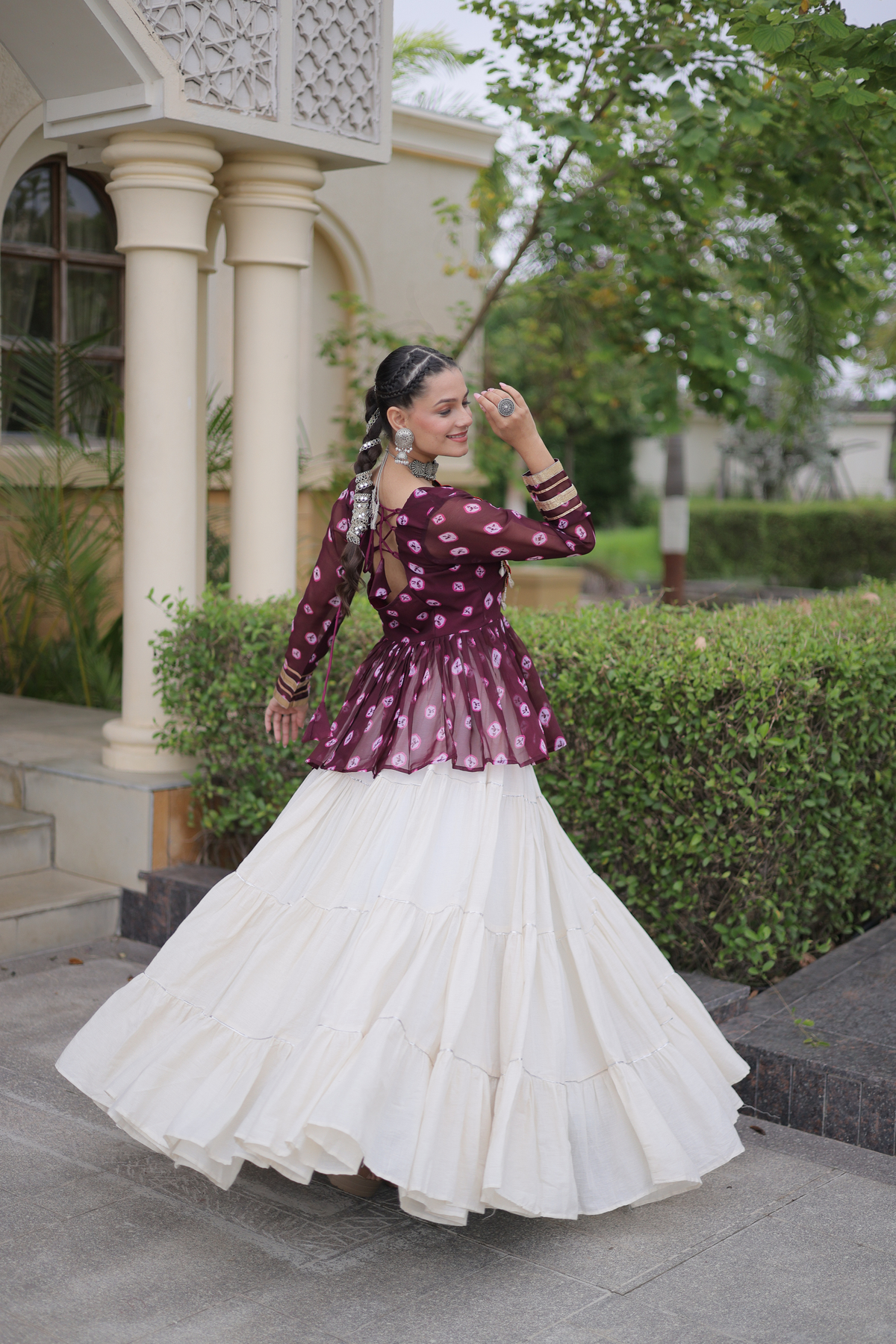 Women’s Designer Black Embroidered Peplum Top with White Flared Lehenga Skirt