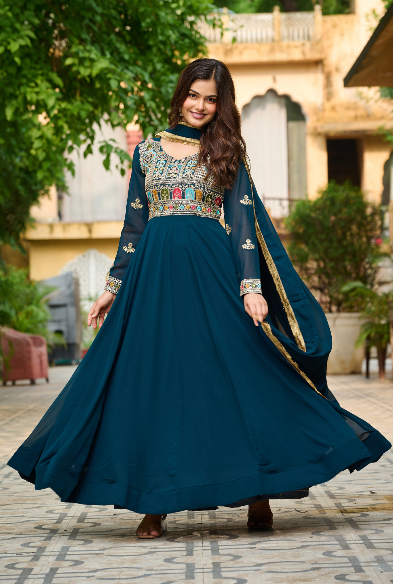 Women's Designer Embroidered Anarkali Gown Set with Dupatta