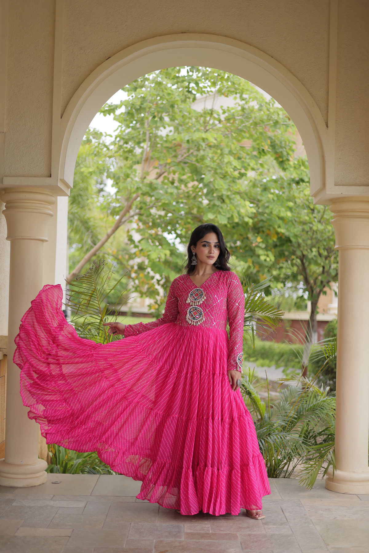 Navratri Special Bandhani Anarkali Gown with Mirror Work & Traditional Embroidered Yoke