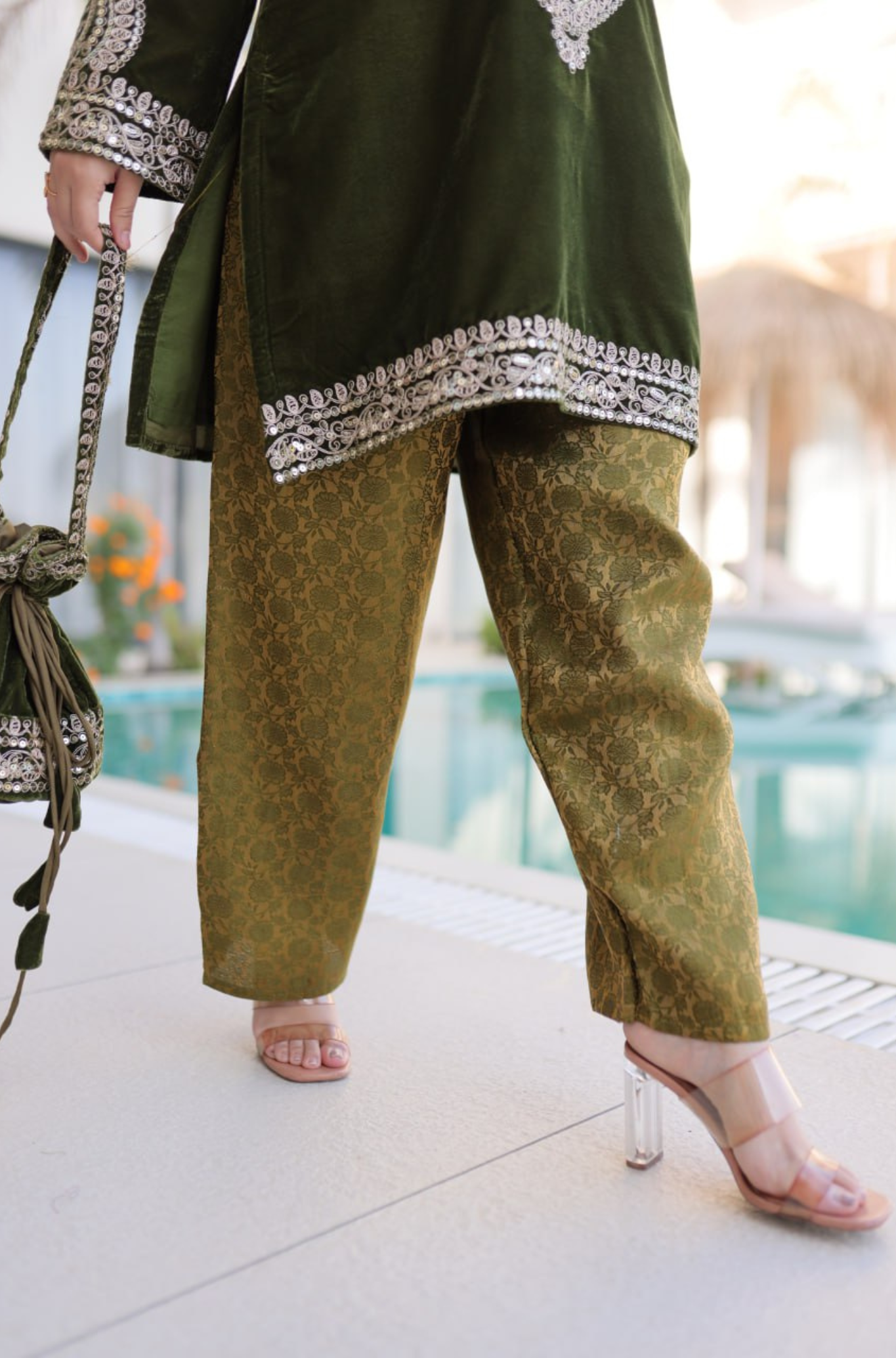 Designer Velvet Kurti Palazzo Set with Potli Bag for Women