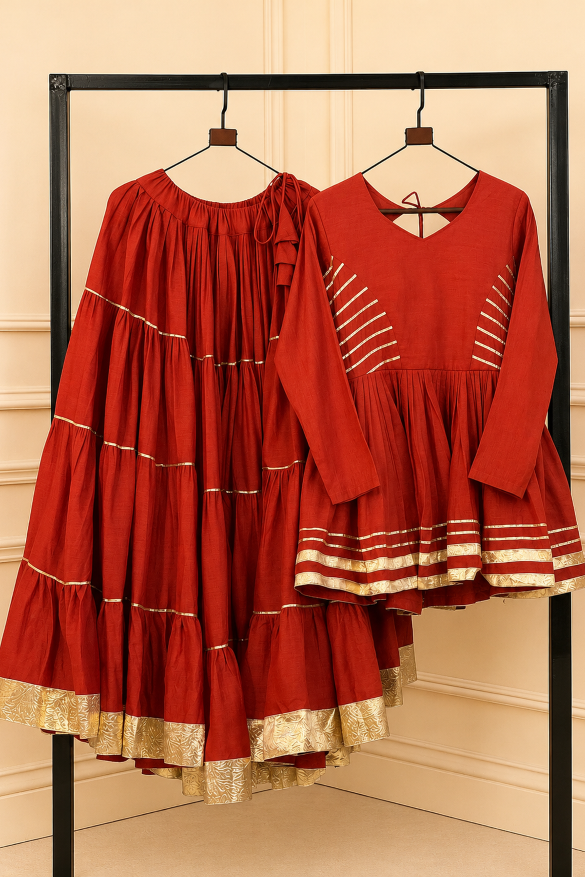 Women’s Designer Ethnic Co-Ord Set | Flared Kurta Skirt Set with Gota Patti Work