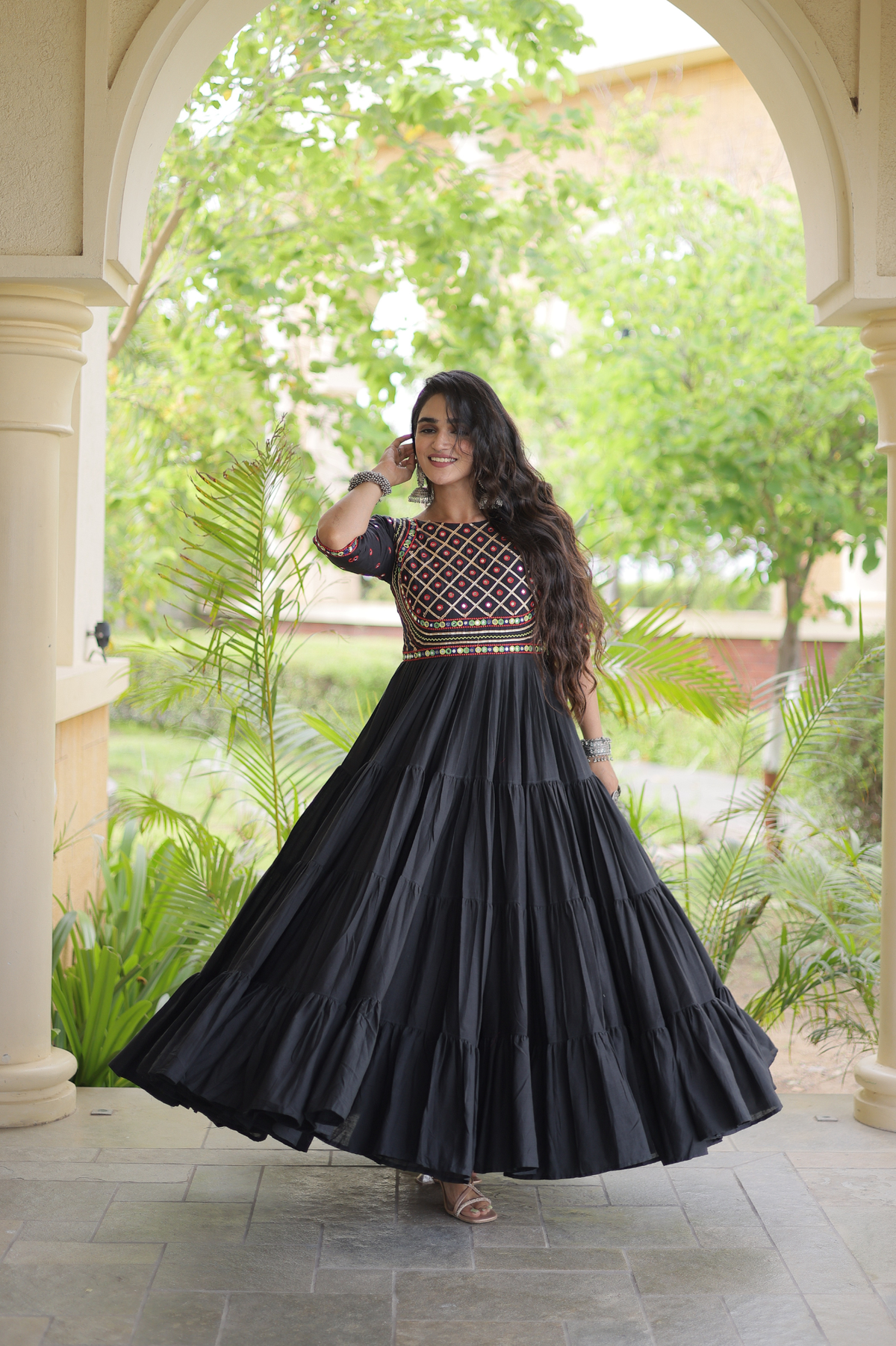 Women’s Designer Anarkali Gown with Embroidered Bodice & Flared Tiered Design | Festive Ethnic Wear