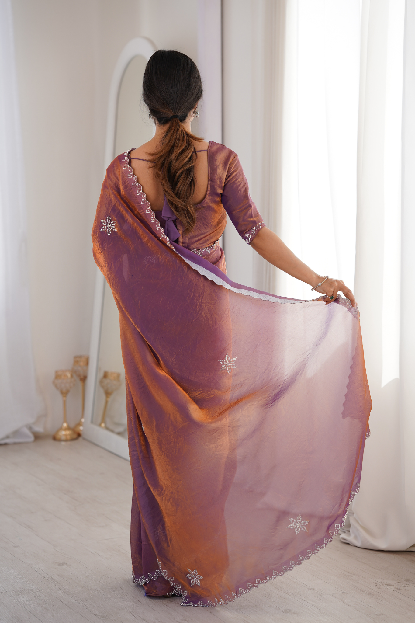 Women Tissue Silk Saree with Silver Border Embroidery