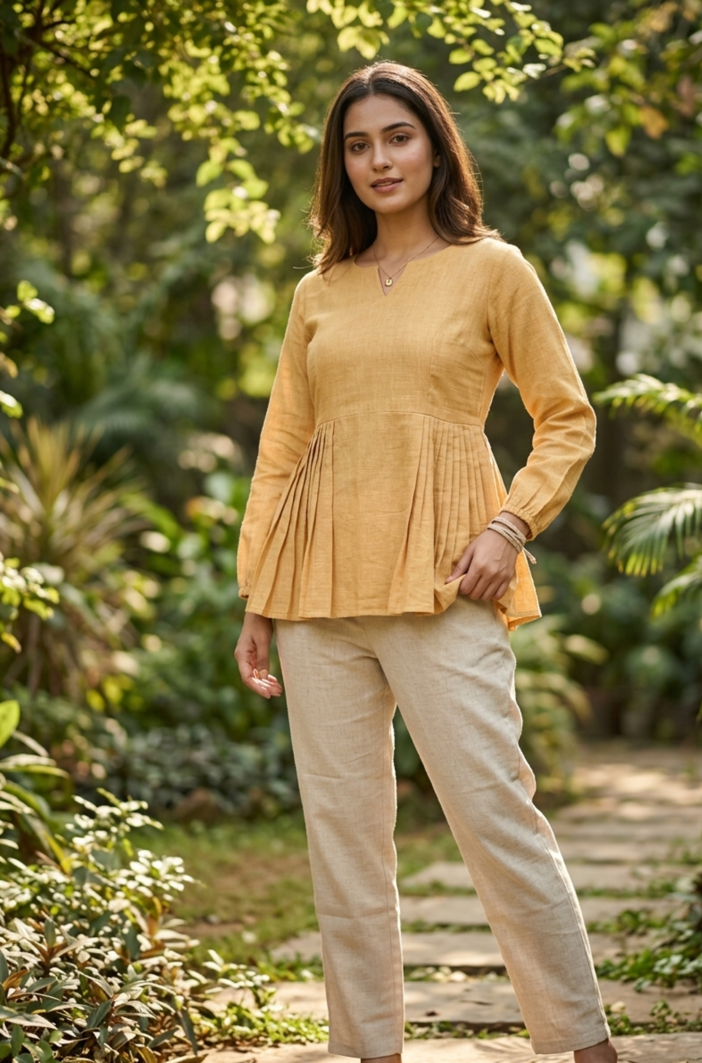 Women's Pleated Peplum Top with Straight Pants Co-Ord Set